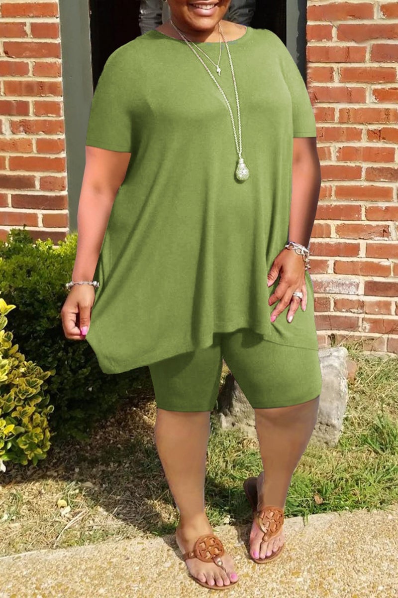 Last Day 48%OFF-Plus Size Ruffled Hem Solid Color Top & Shorts