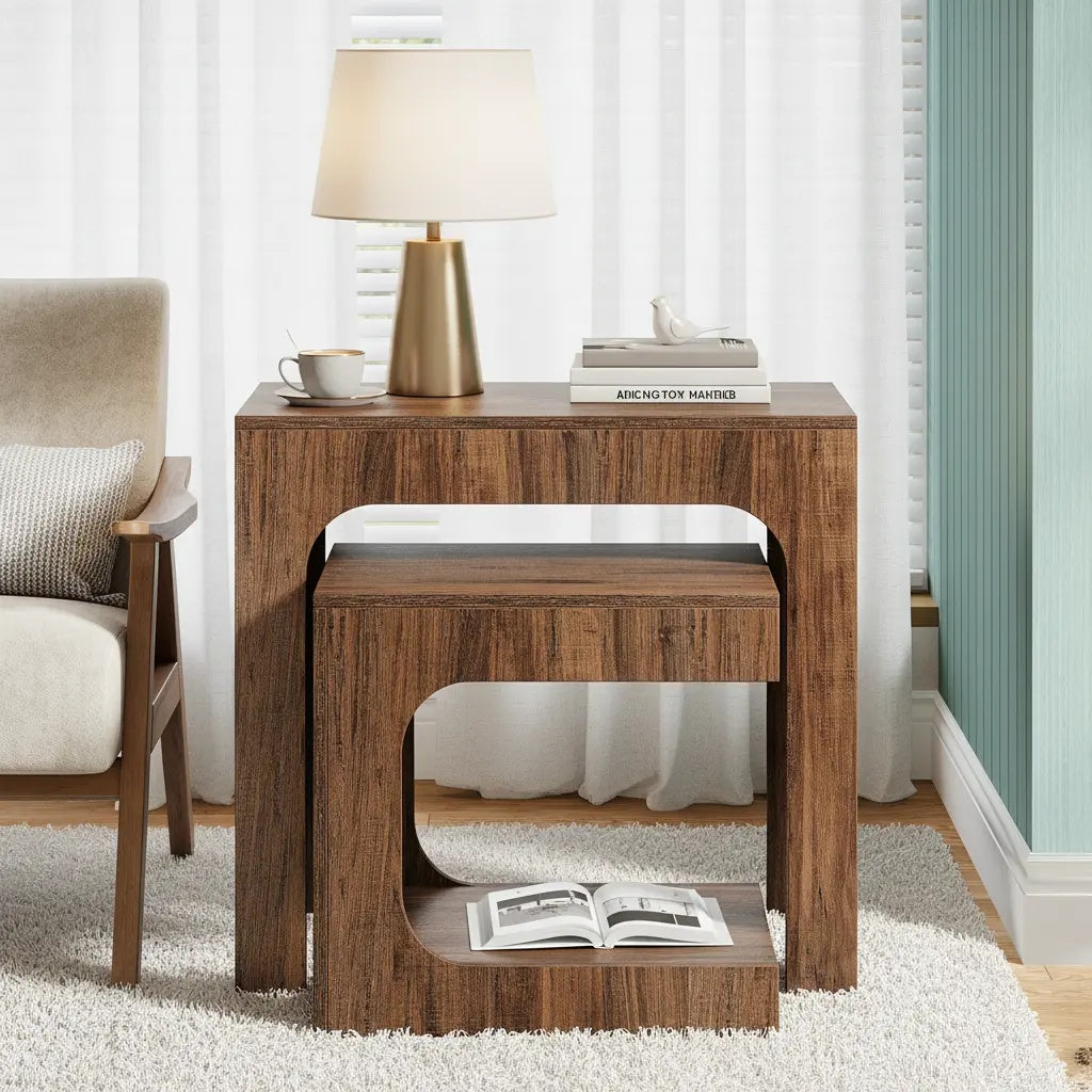 Nesting Side Table Set, Walnut Finish, Space-Saving Nightstand for Living Room, Bedroom & Small Spaces, Brown