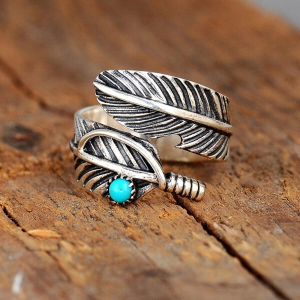 🔥 Last Day Promotion 49% OFF🎁Boho Feather Turquoise Adjustable Ring