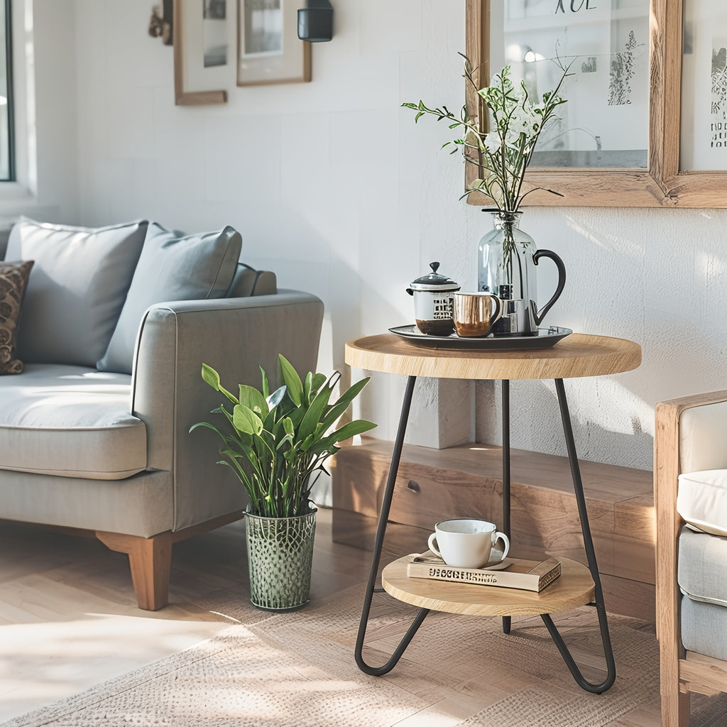 Contemporary Small Round Side Table with Lower Shelf - Engineered Wood & Metal Sturdy Base, Stain-Resistant Compact Nightstand for Bedroom, Living Room, Small Spaces