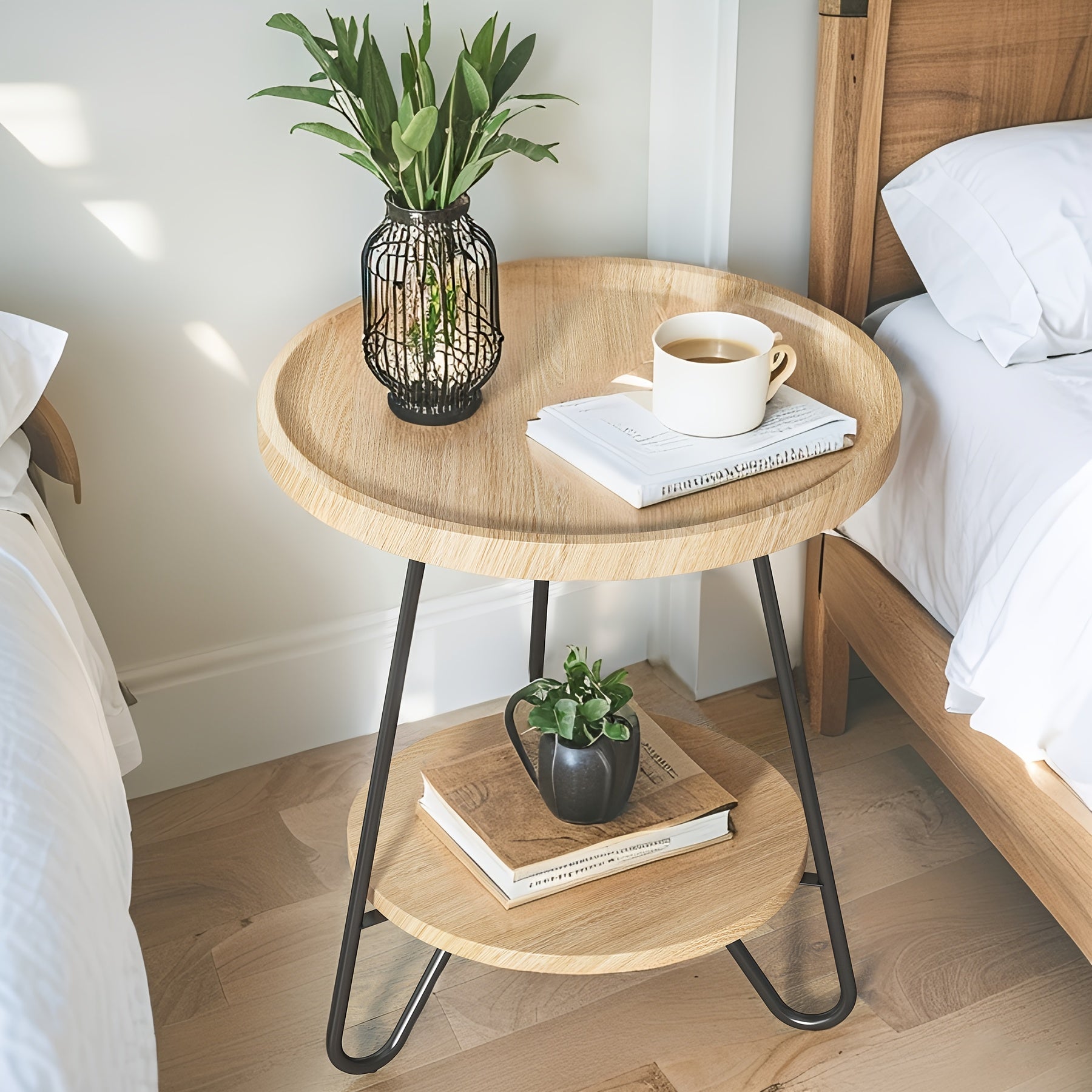 Contemporary Small Round Side Table with Lower Shelf - Engineered Wood & Metal Sturdy Base, Stain-Resistant Compact Nightstand for Bedroom, Living Room, Small Spaces