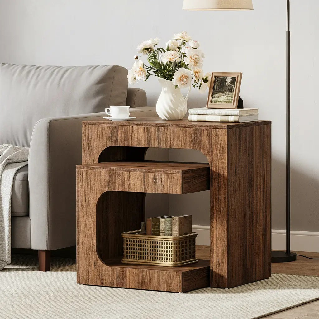 Nesting Side Table Set, Walnut Finish, Space-Saving Nightstand for Living Room, Bedroom & Small Spaces, Brown