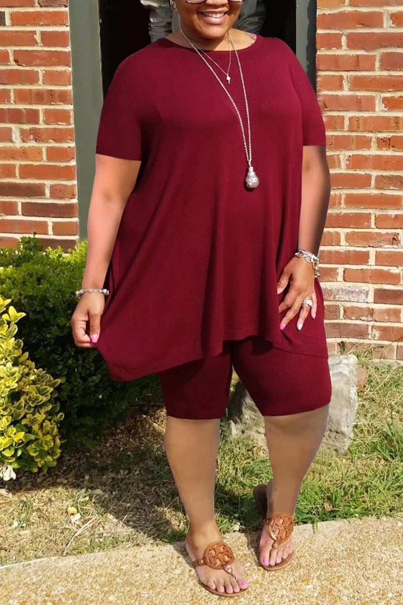 Last Day 48%OFF-Plus Size Ruffled Hem Solid Color Top & Shorts