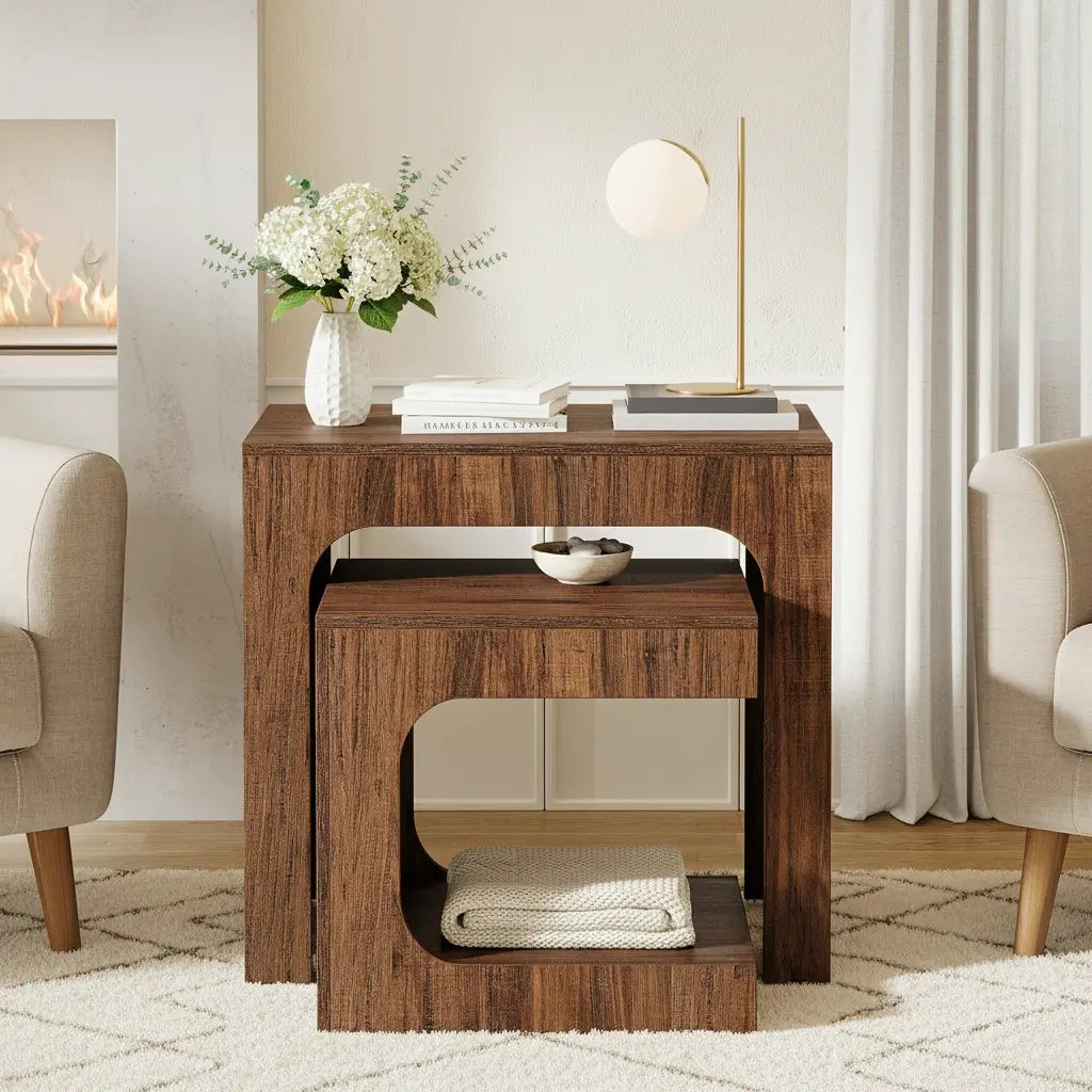 Nesting Side Table Set, Walnut Finish, Space-Saving Nightstand for Living Room, Bedroom & Small Spaces, Brown