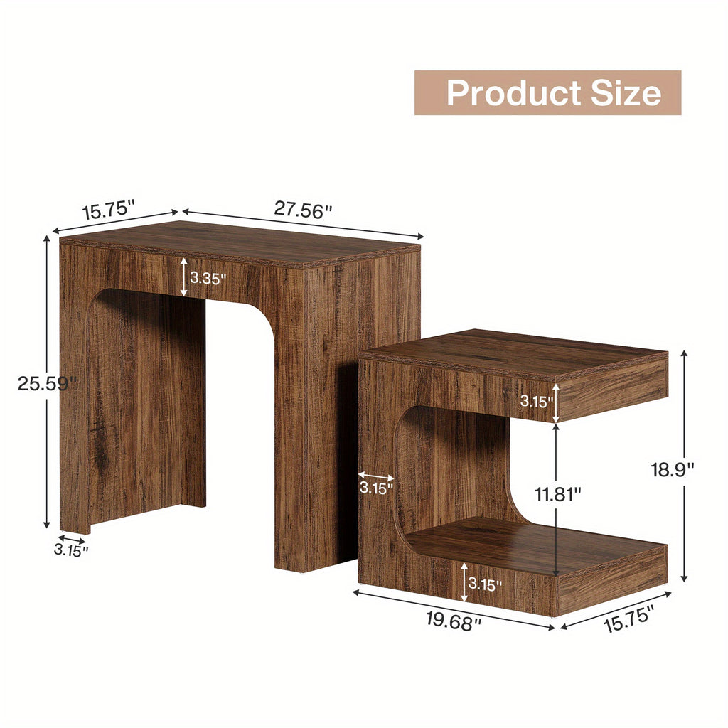 Nesting Side Table Set, Walnut Finish, Space-Saving Nightstand for Living Room, Bedroom & Small Spaces, Brown