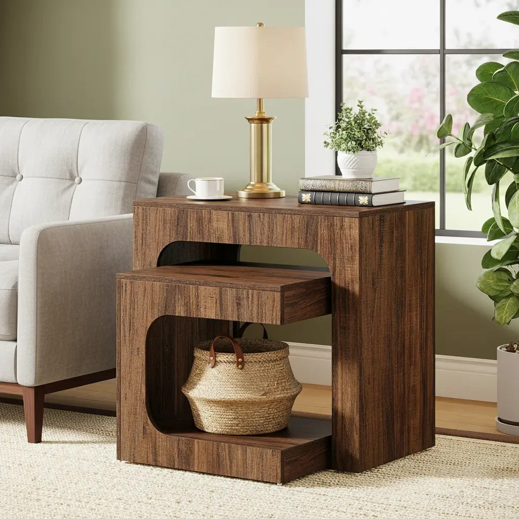 Nesting Side Table Set, Walnut Finish, Space-Saving Nightstand for Living Room, Bedroom & Small Spaces, Brown