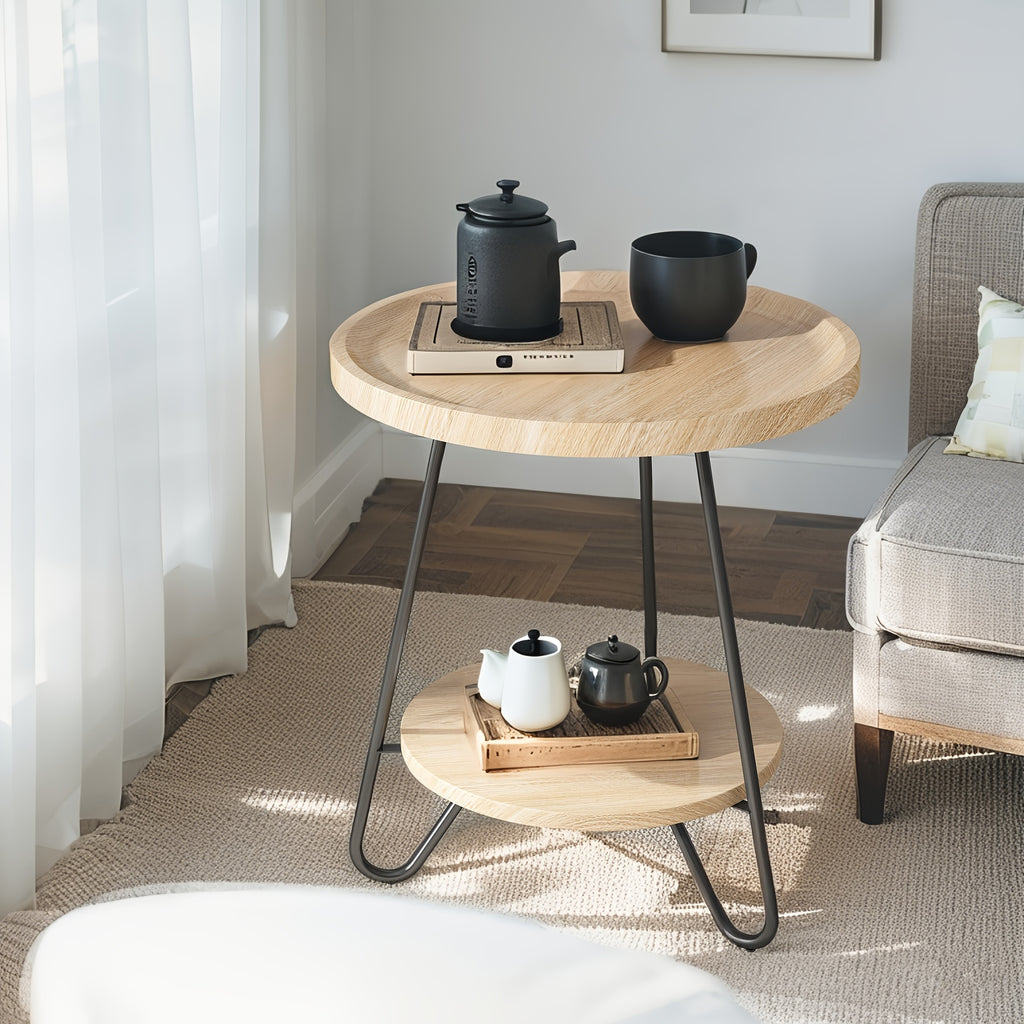 Contemporary Small Round Side Table with Lower Shelf - Engineered Wood & Metal Sturdy Base, Stain-Resistant Compact Nightstand for Bedroom, Living Room, Small Spaces