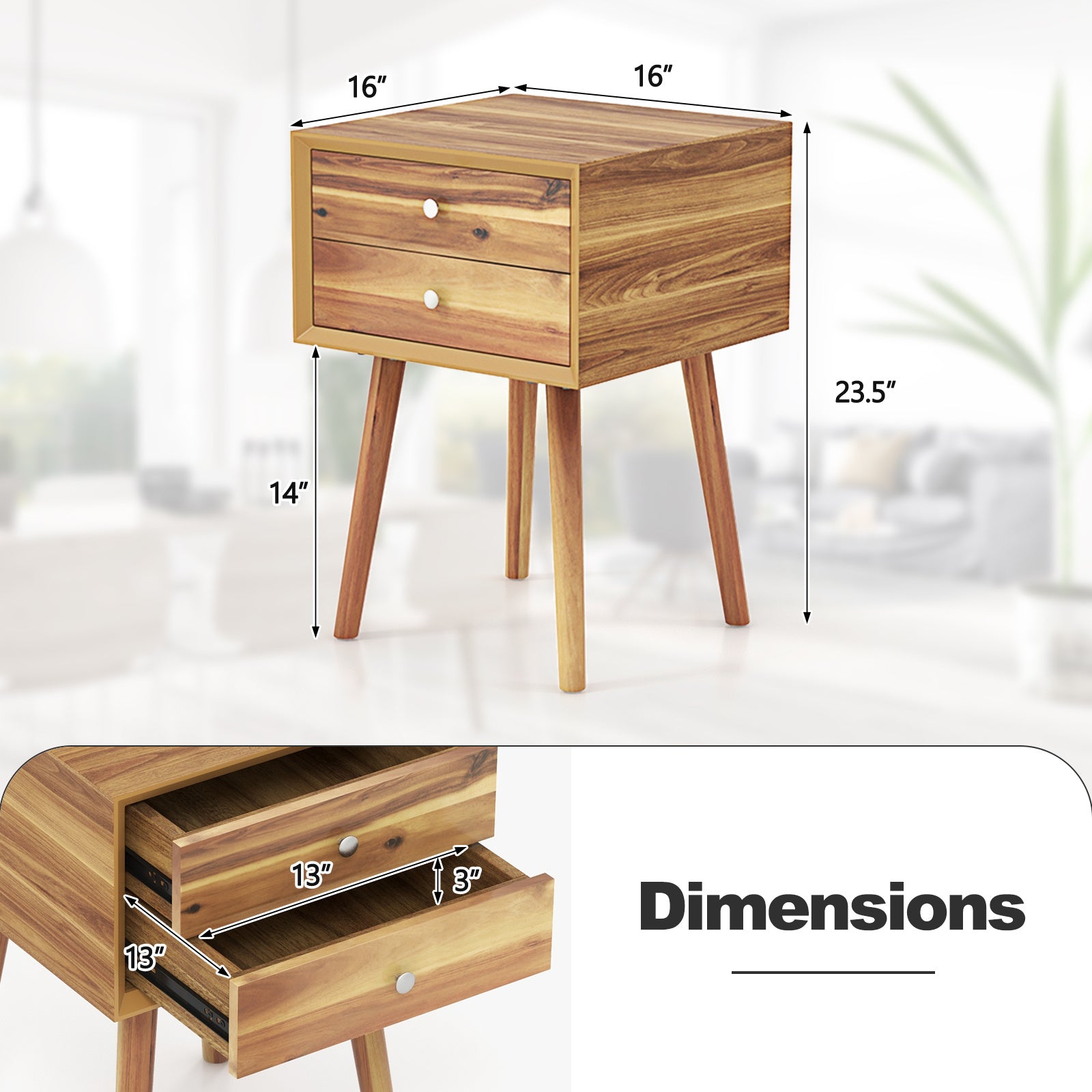COSTWAY 2-Drawer Nightstand with -Tip, Compact Bedside Table with Spacious Storage, Wood & MDF\u002FRubberwood, Easy Assembly, Heavy-Duty Tabletop (165 Capacity) for Small Spaces, Bedroom or Living Room