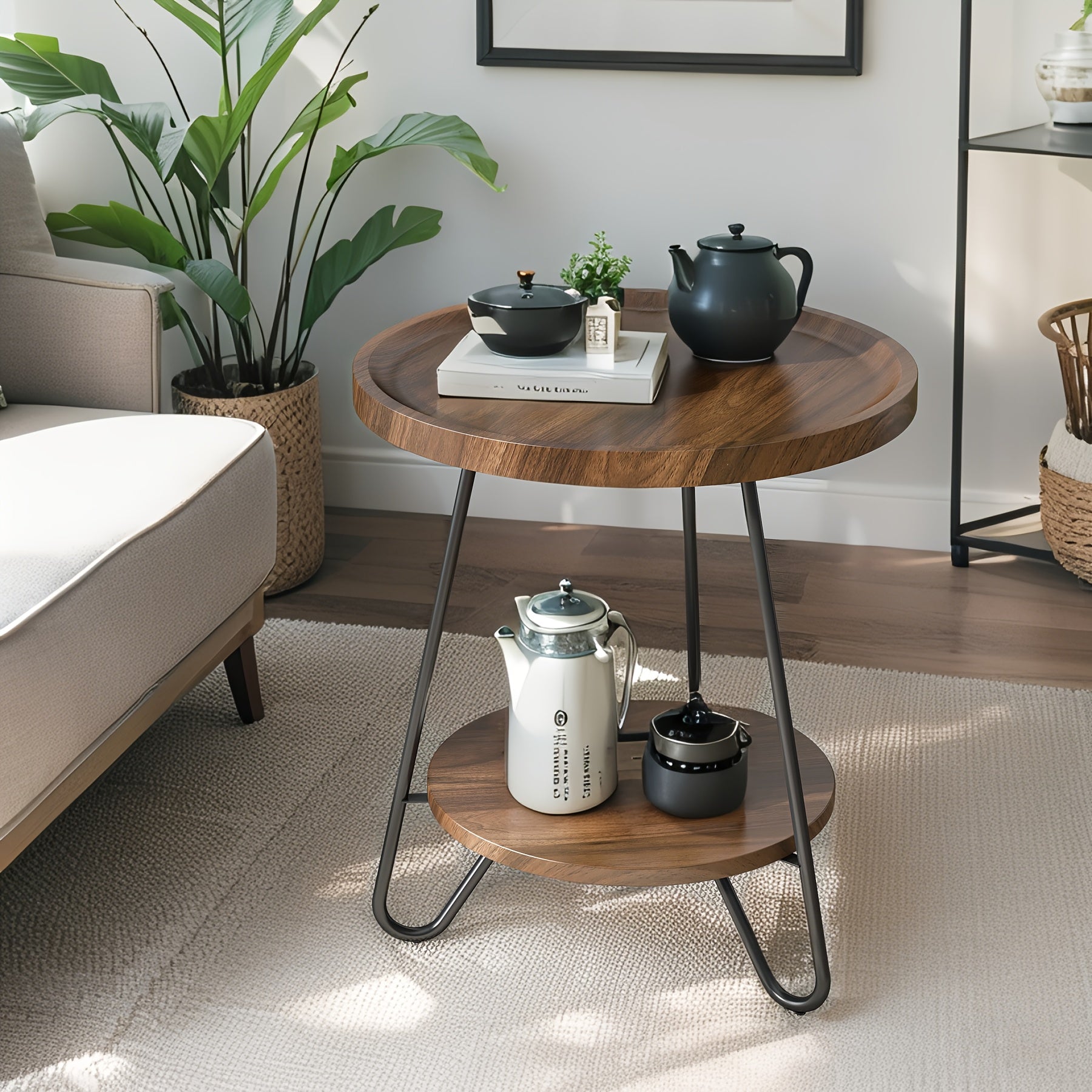 Contemporary Small Round Side Table with Lower Shelf - Engineered Wood & Metal Sturdy Base, Stain-Resistant Compact Nightstand for Bedroom, Living Room, Small Spaces