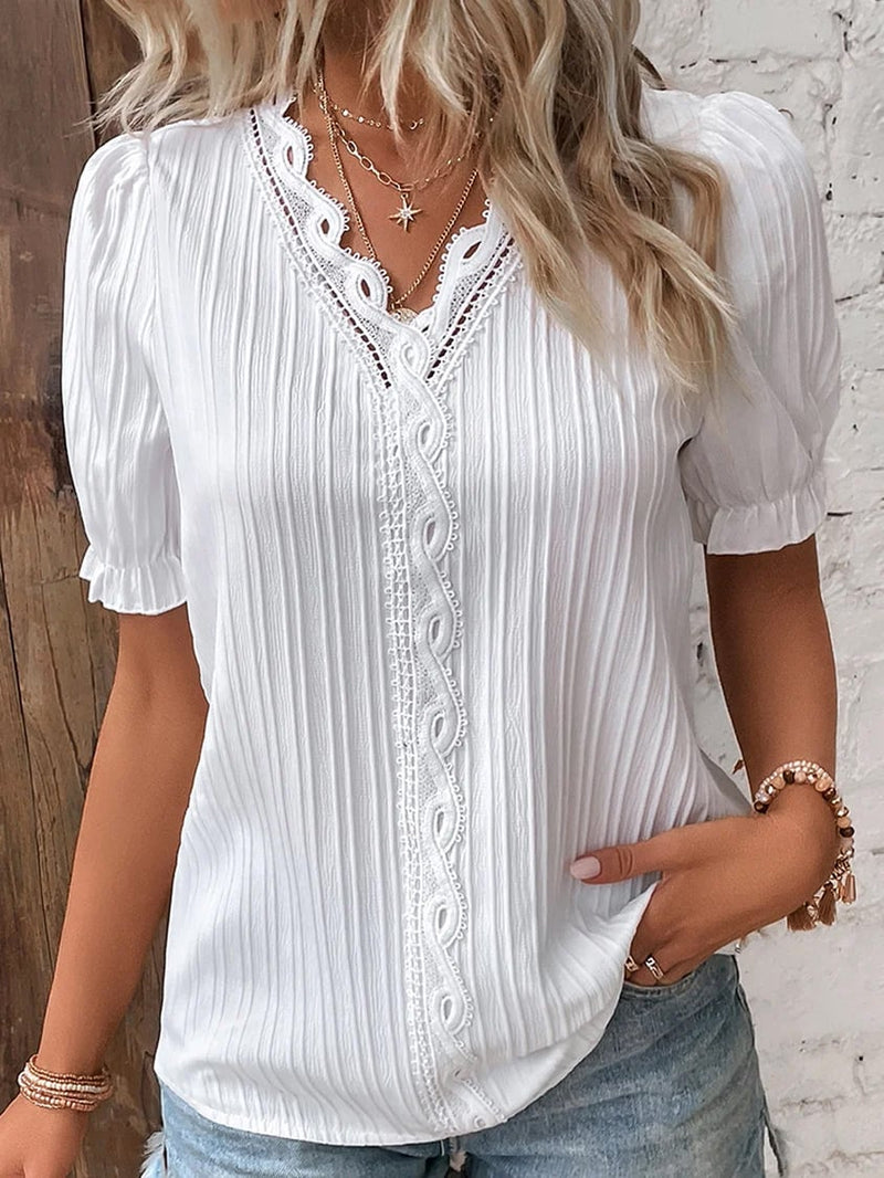 🛒49%OFF🔥V Neck Plain Lace Elegant Shirt（Buy 2 Free Shipping）