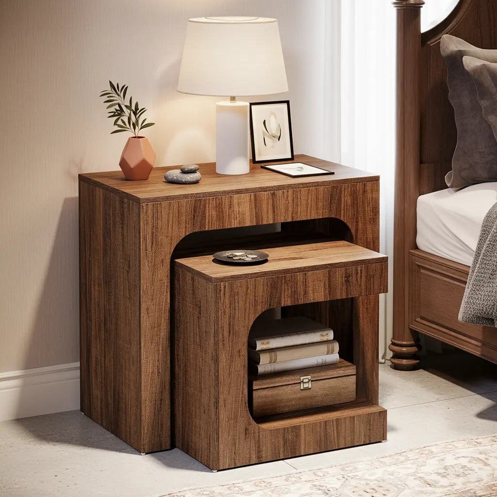 Nesting Side Table Set, Walnut Finish, Space-Saving Nightstand for Living Room, Bedroom & Small Spaces, Brown