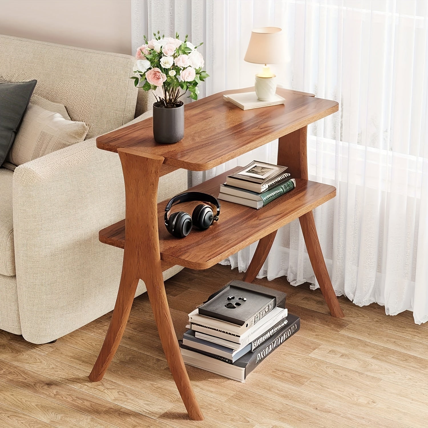 Space-Saving Narrow Side Table - Modern Farmhouse End Table\u002FNightstand with 2-Tier Storage Shelf, Slim Tall Design (26.4\